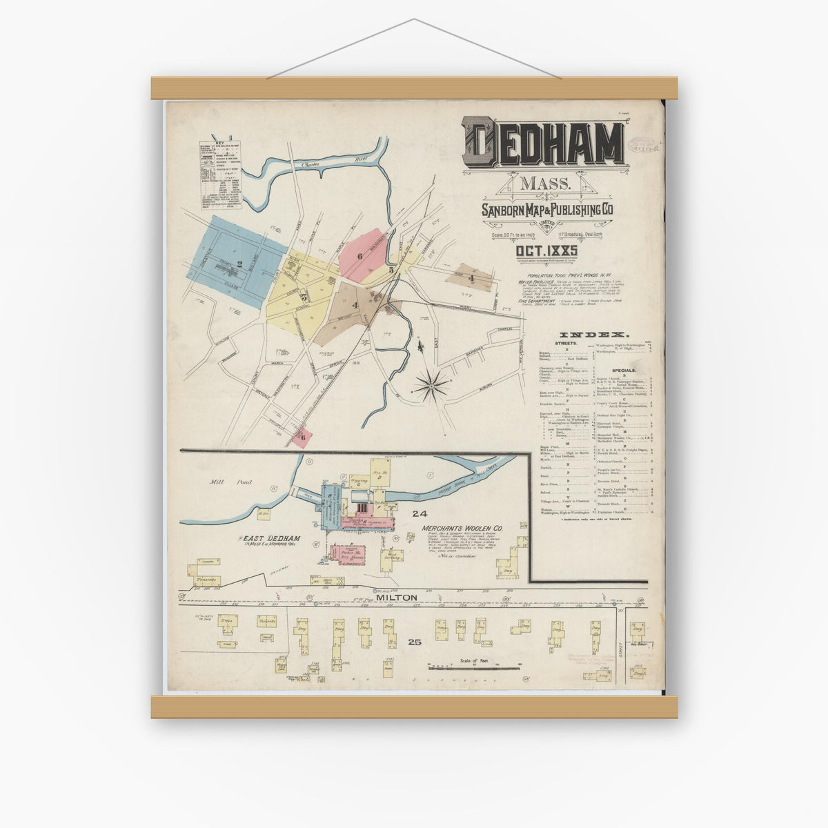 Old map wall art mockup — magnetic wood frame on white wall — Sanborn Fire Insurance Map from Dedham, Norfolk County, Massachusetts (1885), Sheet #0001