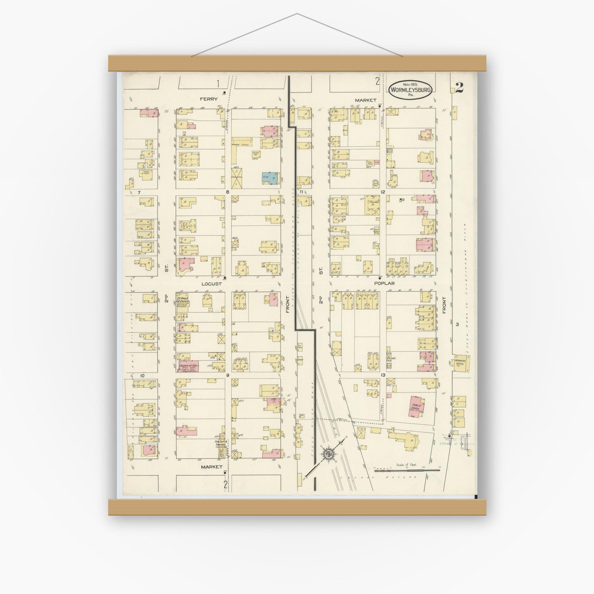 Old map wall art mockup — magnetic wood frame on white wall — Sanborn Fire Insurance Map from Wormleysburg, Cumberland County, Pennsylvania (1913), Sheet #0002