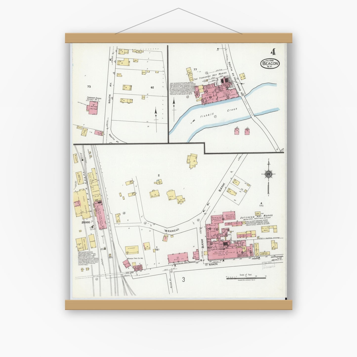 Old map wall art mockup — magnetic wood frame on white wall — Sanborn Fire Insurance Map from Beacon, Dutchess County, New York (1919), Sheet #0004
