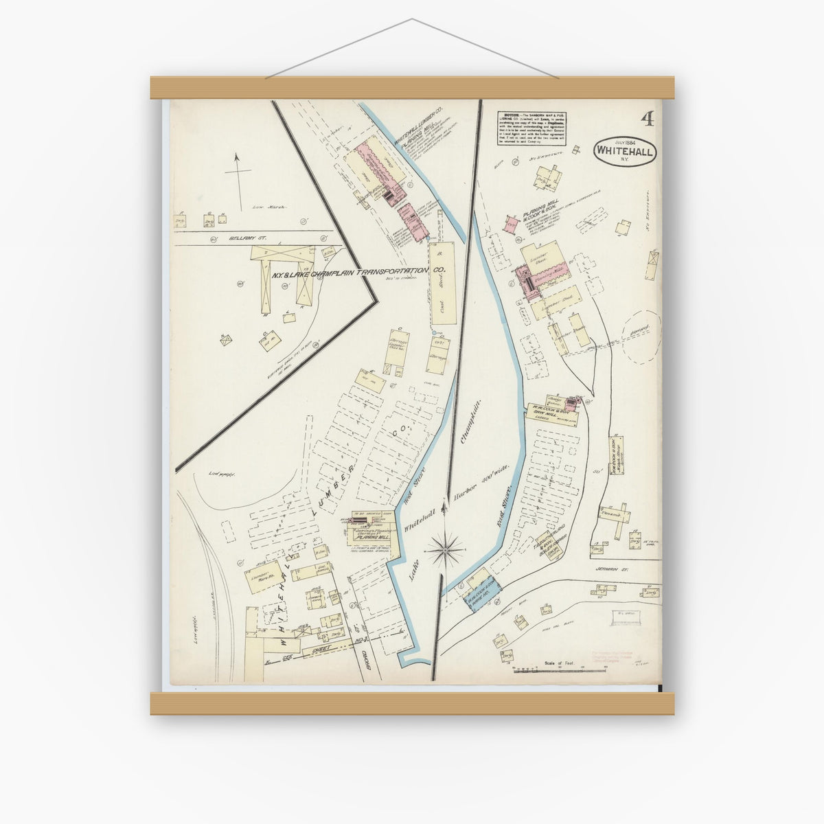 Old map wall art mockup — magnetic wood frame on white wall — Sanborn Fire Insurance Map from Whitehall, Washington County, New York (1884), Sheet #0004