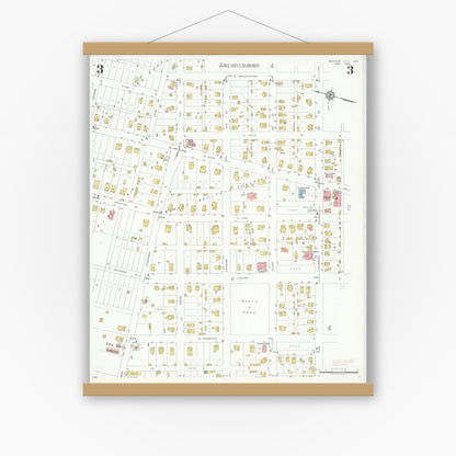 Old map wall art mockup — magnetic wood frame on white wall — Sanborn Fire Insurance Map from Monroe City, Monroe County, Missouri (1933), Sheet #0003