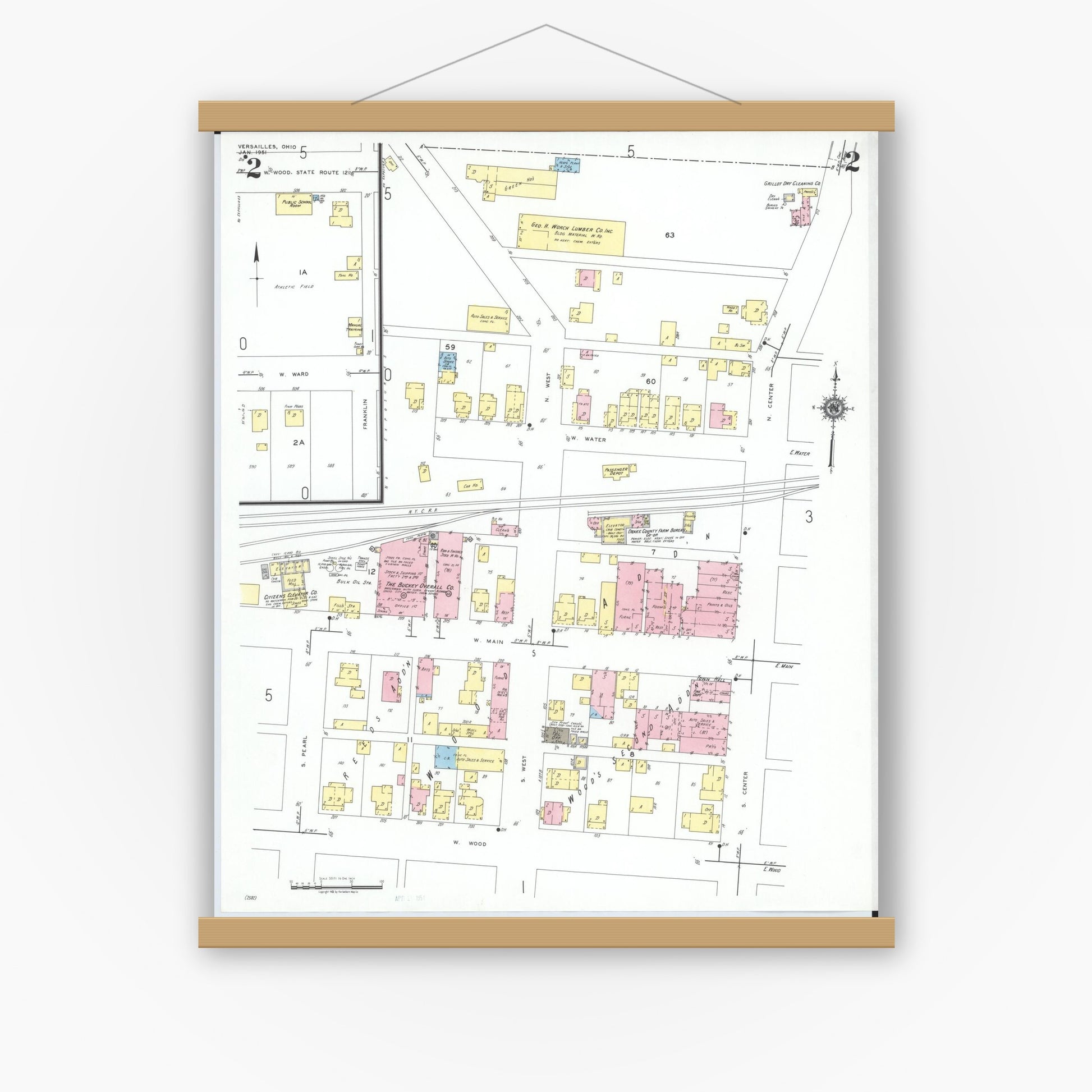Old map wall art mockup — magnetic wood frame on white wall — Sanborn Fire Insurance Map from Versailles, Darke County, Ohio (1951), Sheet #0002