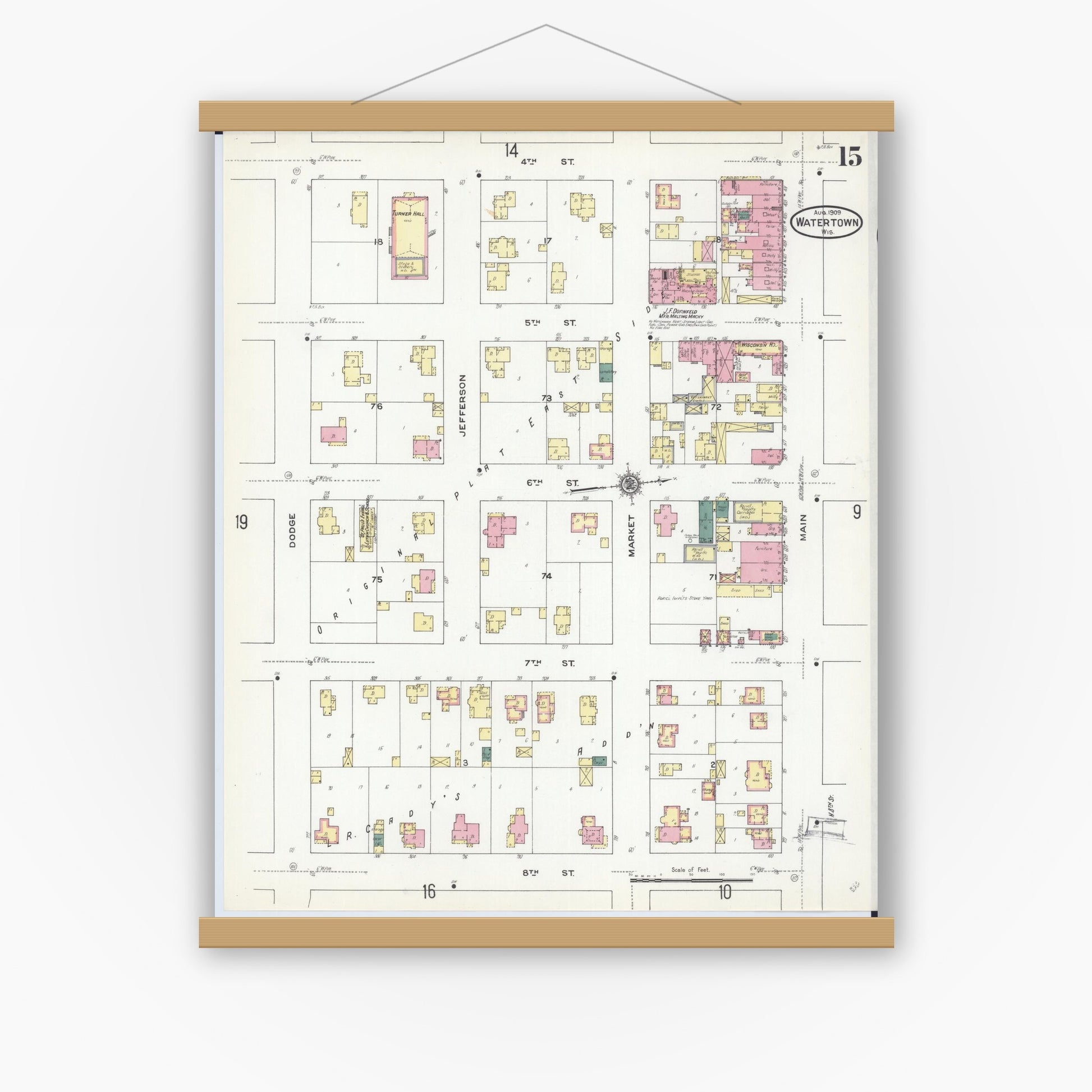 Old map wall art mockup — magnetic wood frame on white wall — Sanborn Fire Insurance Map from Watertown, Jefferson County, Wisconsin (1909), Sheet #0015