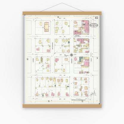 Old map wall art mockup — magnetic wood frame on white wall — Sanborn Fire Insurance Map from Watertown, Jefferson County, Wisconsin (1909), Sheet #0015