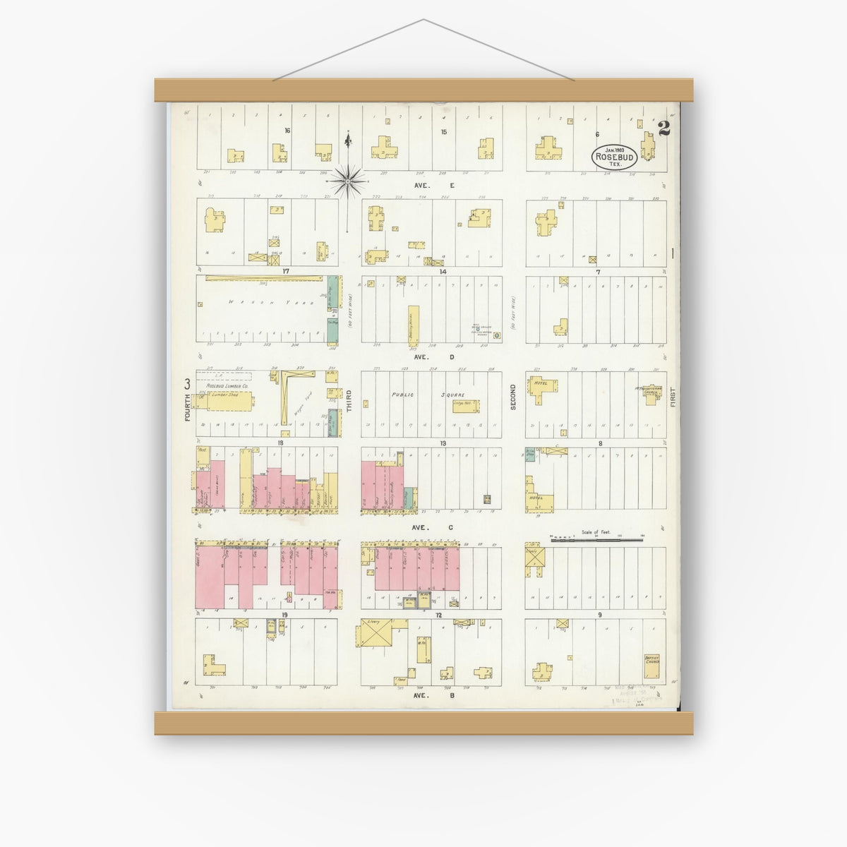 Old map wall art mockup — magnetic wood frame on white wall — Sanborn Fire Insurance Map from Rosebud, Falls County, Texas (1903), Sheet #0002