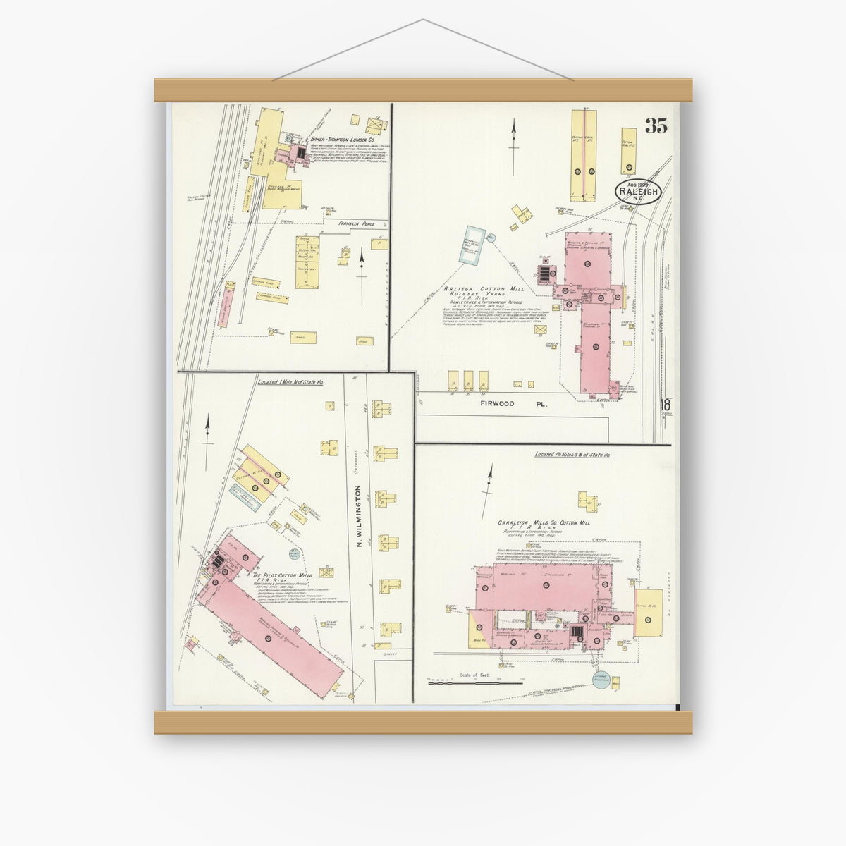 Old map wall art mockup — magnetic wood frame on white wall — Sanborn Fire Insurance Map from Raleigh, Wake County, North Carolina (1909), Sheet #0035