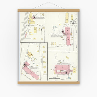 Old map wall art mockup — magnetic wood frame on white wall — Sanborn Fire Insurance Map from Raleigh, Wake County, North Carolina (1909), Sheet #0035