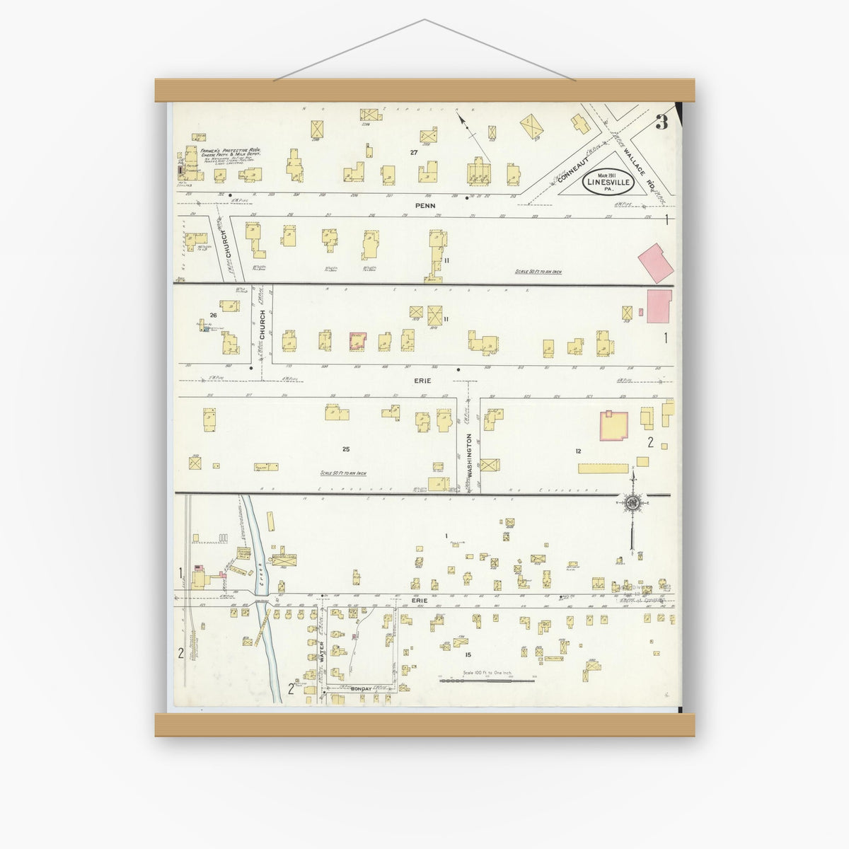 Old map wall art mockup — magnetic wood frame on white wall — Sanborn Fire Insurance Map from Linesville, Crawford County, Pennsylvania (1911), Sheet #0003