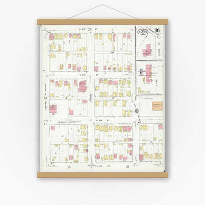 Old map wall art mockup — magnetic wood frame on white wall — Sanborn Fire Insurance Map from Alton, Madison County, Illinois (1915), Sheet #0016
