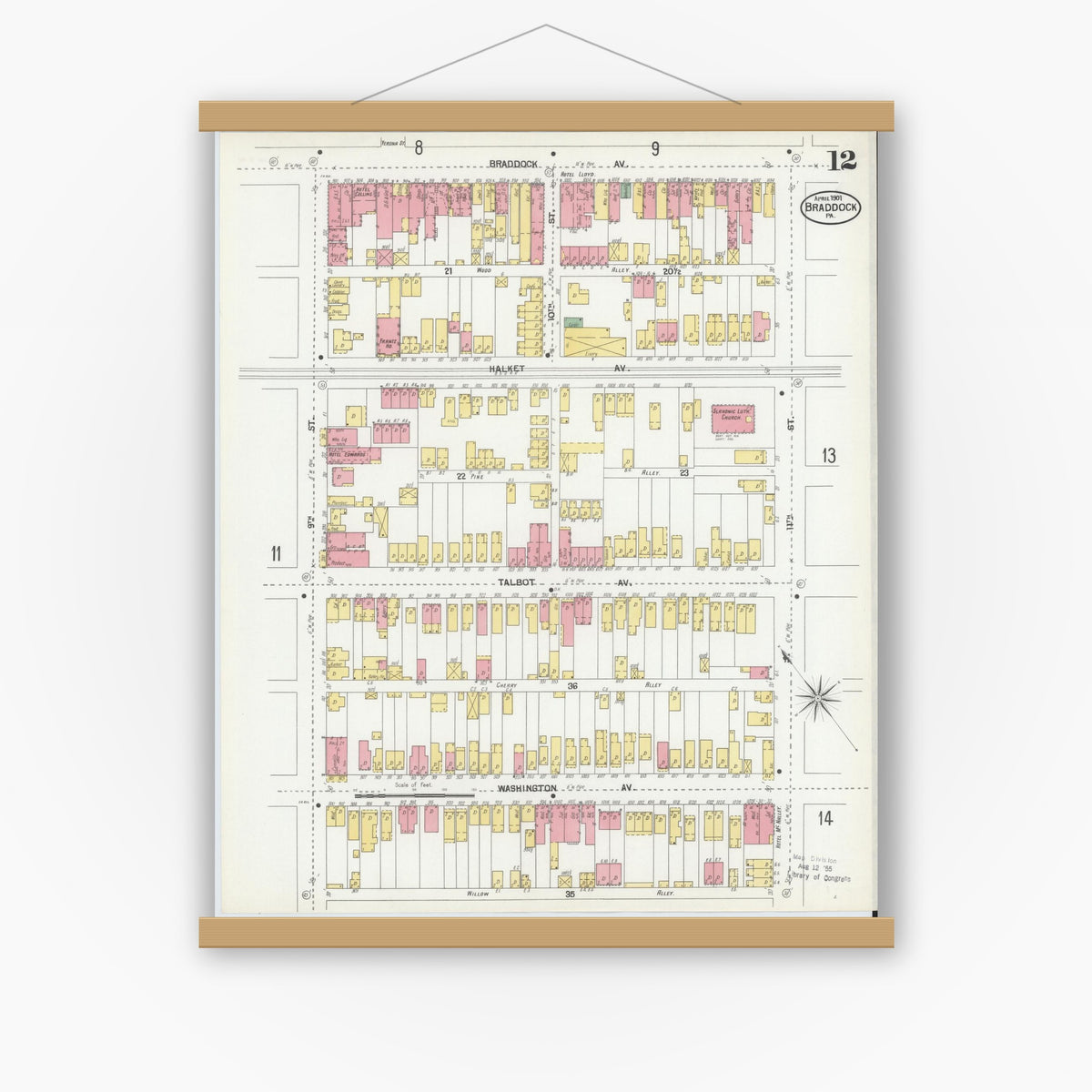 Old map wall art mockup — magnetic wood frame on white wall — Sanborn Fire Insurance Map from Braddock, Allegheny County, Pennsylvania (1901), Sheet #0012