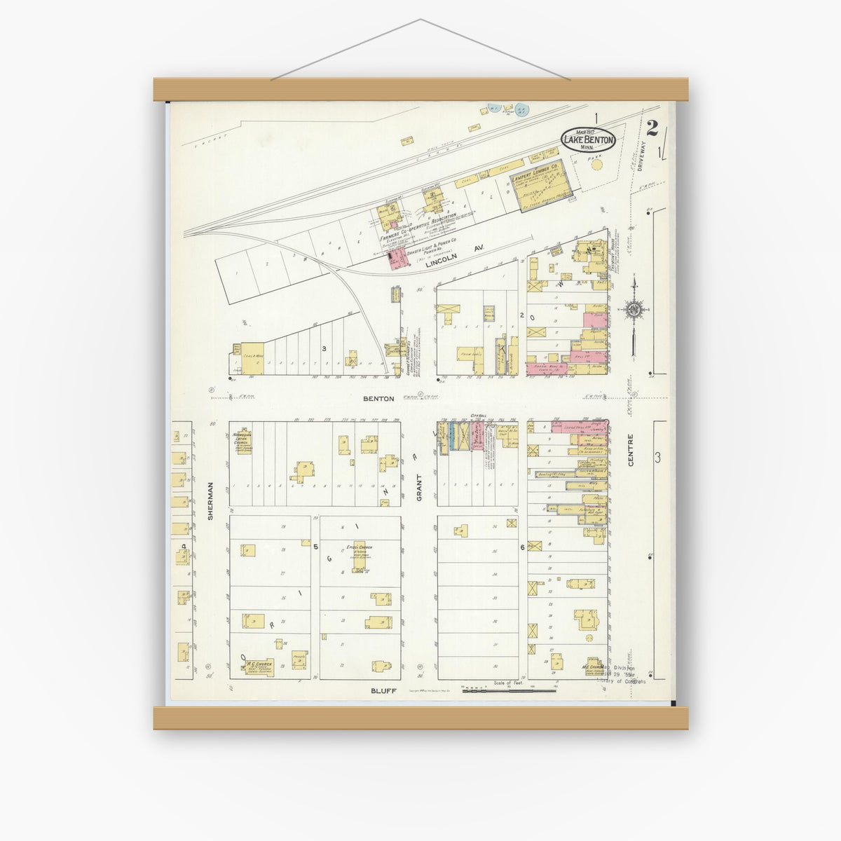 Old map wall art mockup — magnetic wood frame on white wall — Sanborn Fire Insurance Map from Lake Benton, Lincoln County, Minnesota (1917), Sheet #0002