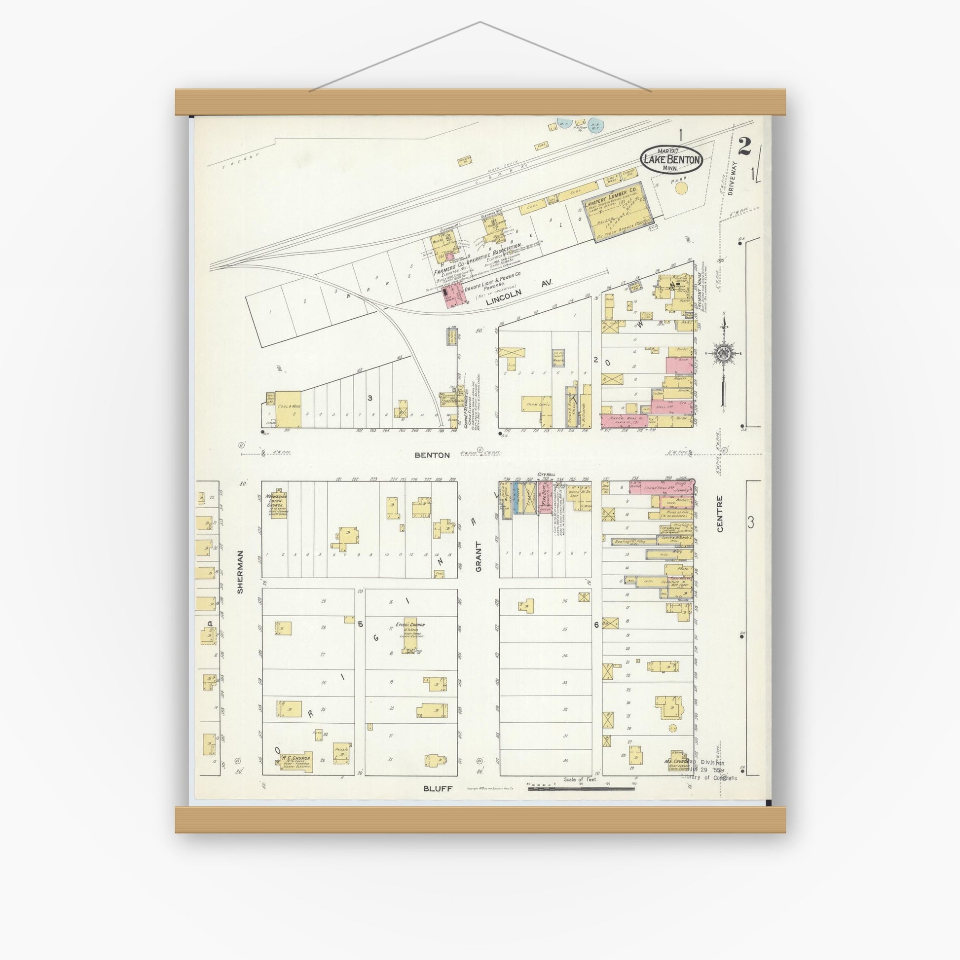 Old map wall art mockup — magnetic wood frame on white wall — Sanborn Fire Insurance Map from Lake Benton, Lincoln County, Minnesota (1917), Sheet #0002