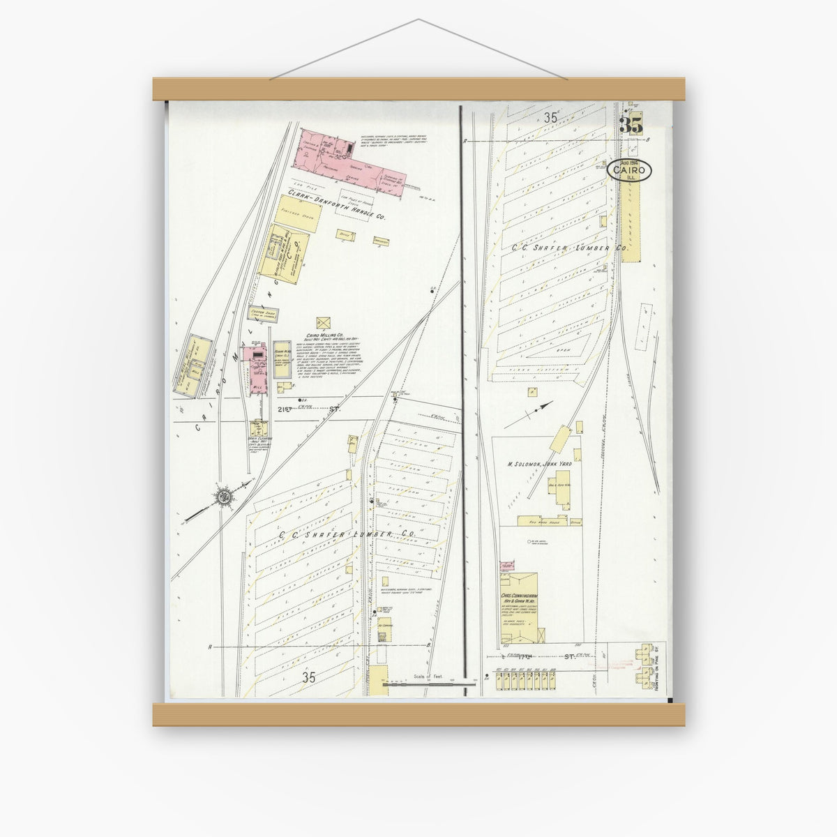 Old map wall art mockup — magnetic wood frame on white wall — Sanborn Fire Insurance Map from Cairo, Alexander County, Illinois (1914), Sheet #0035