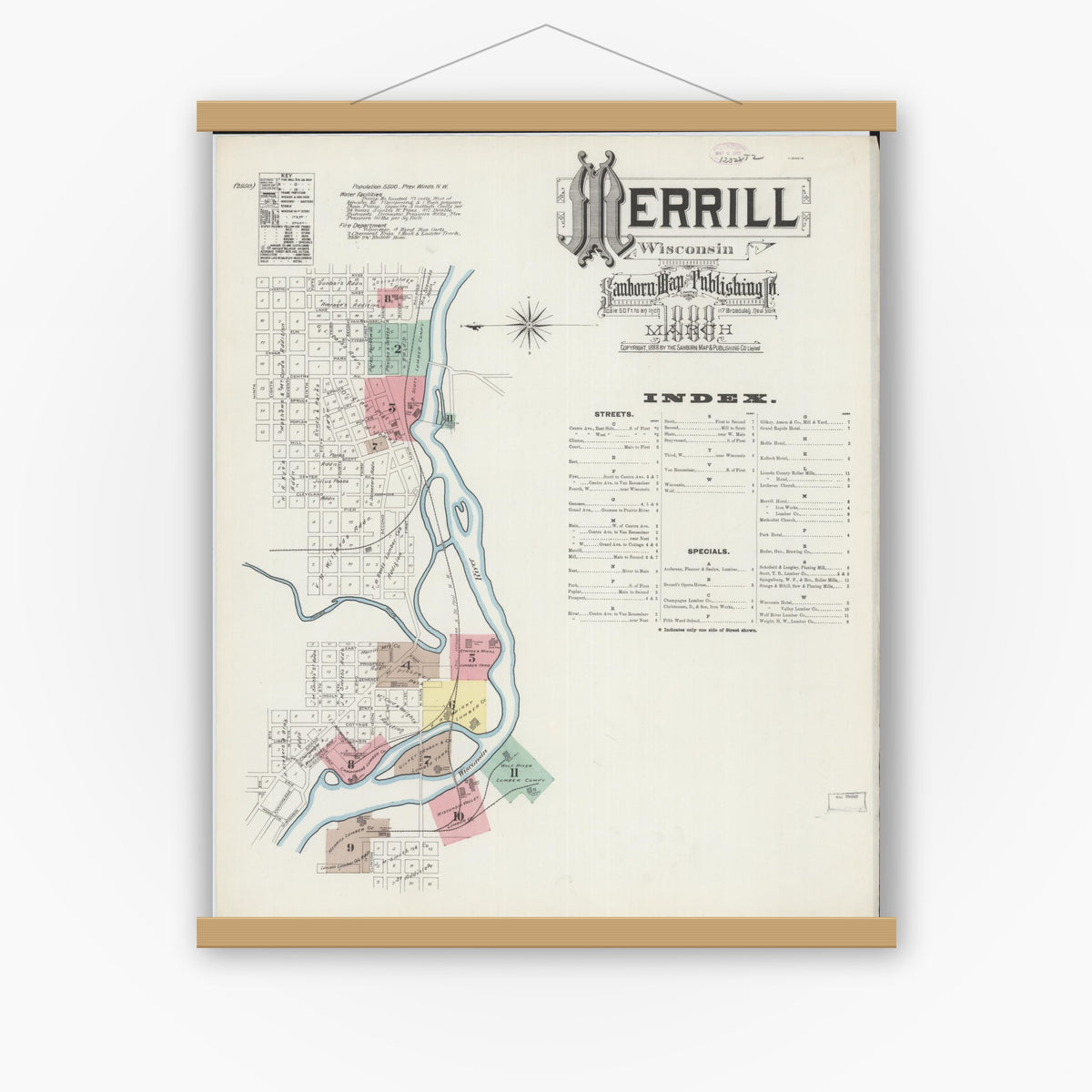 Old map wall art mockup — magnetic wood frame on white wall — Sanborn Fire Insurance Map from Merrill, Lincoln County, Wisconsin (1888) - Complete Map Set