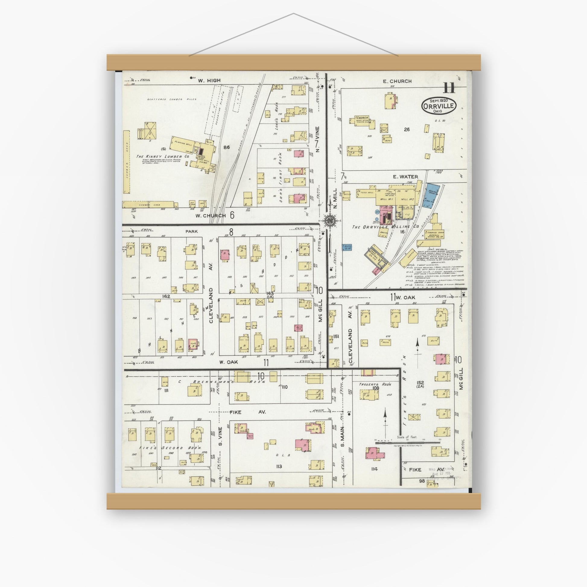 Old map wall art mockup — magnetic wood frame on white wall — Sanborn Fire Insurance Map from Orrville, Wayne County, Ohio (1920), Sheet #0011