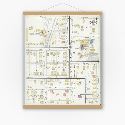 Old map wall art mockup — magnetic wood frame on white wall — Sanborn Fire Insurance Map from Orrville, Wayne County, Ohio (1920), Sheet #0011