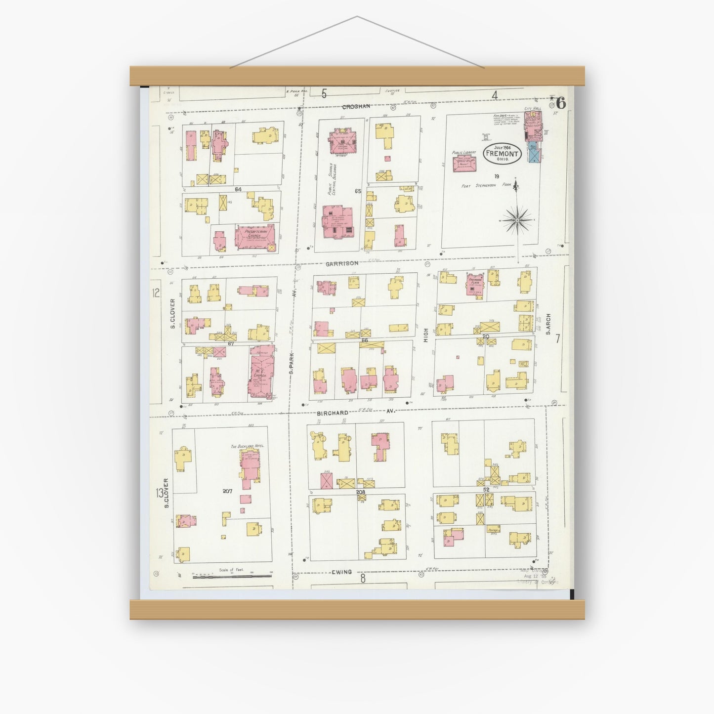 Old map wall art mockup — magnetic wood frame on white wall — Sanborn Fire Insurance Map from Fremont, Sandusky County, Ohio (1904), Sheet #0006