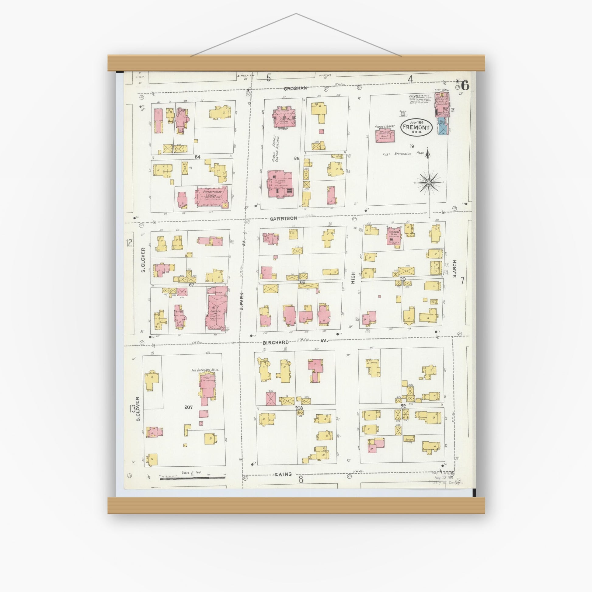 Old map wall art mockup — magnetic wood frame on white wall — Sanborn Fire Insurance Map from Fremont, Sandusky County, Ohio (1904), Sheet #0006