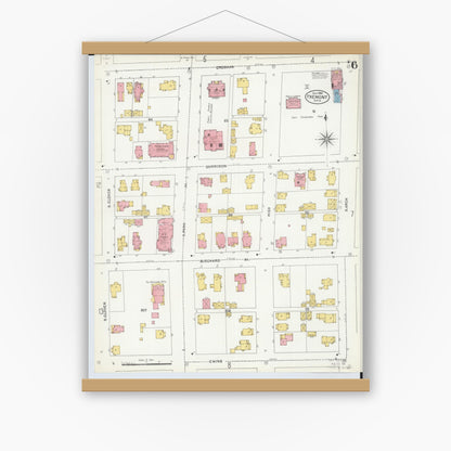 Old map wall art mockup — magnetic wood frame on white wall — Sanborn Fire Insurance Map from Fremont, Sandusky County, Ohio (1904), Sheet #0006
