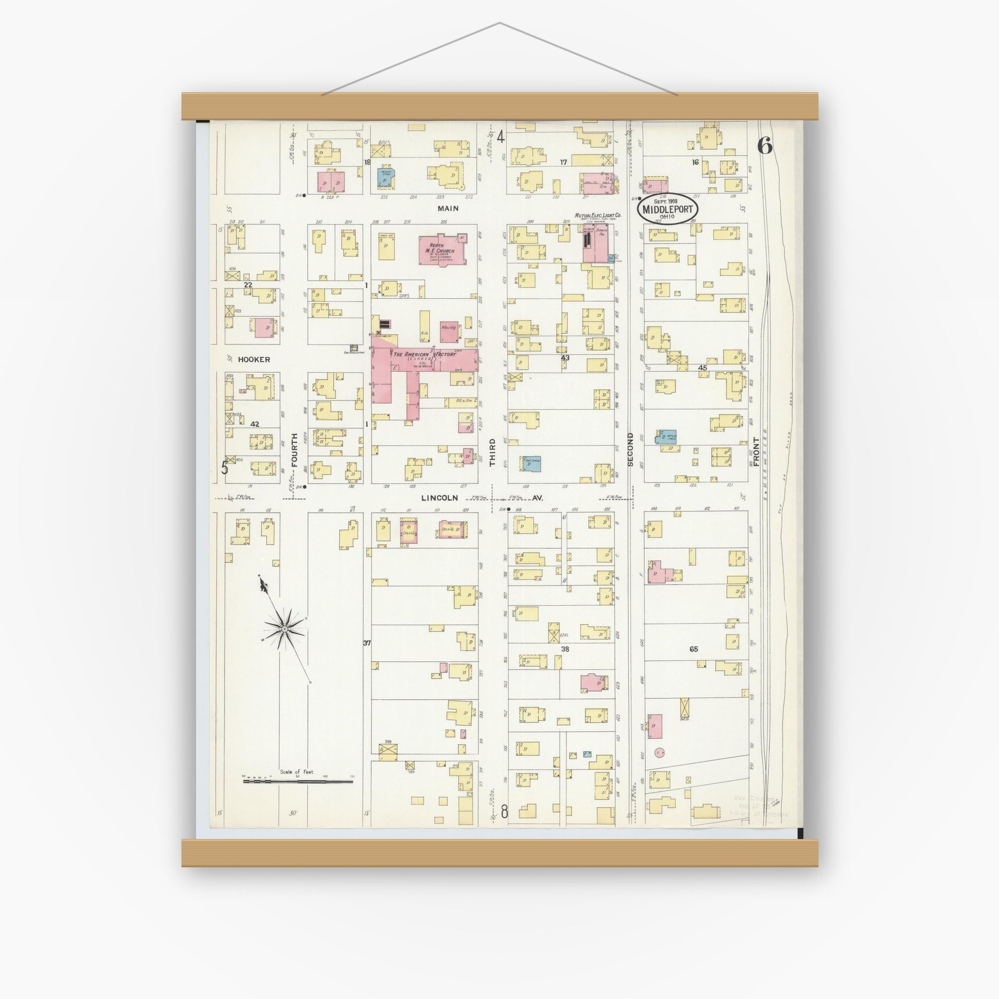 Old map wall art mockup — magnetic wood frame on white wall — Sanborn Fire Insurance Map from Middleport, Meigs County, Ohio (1908), Sheet #0006