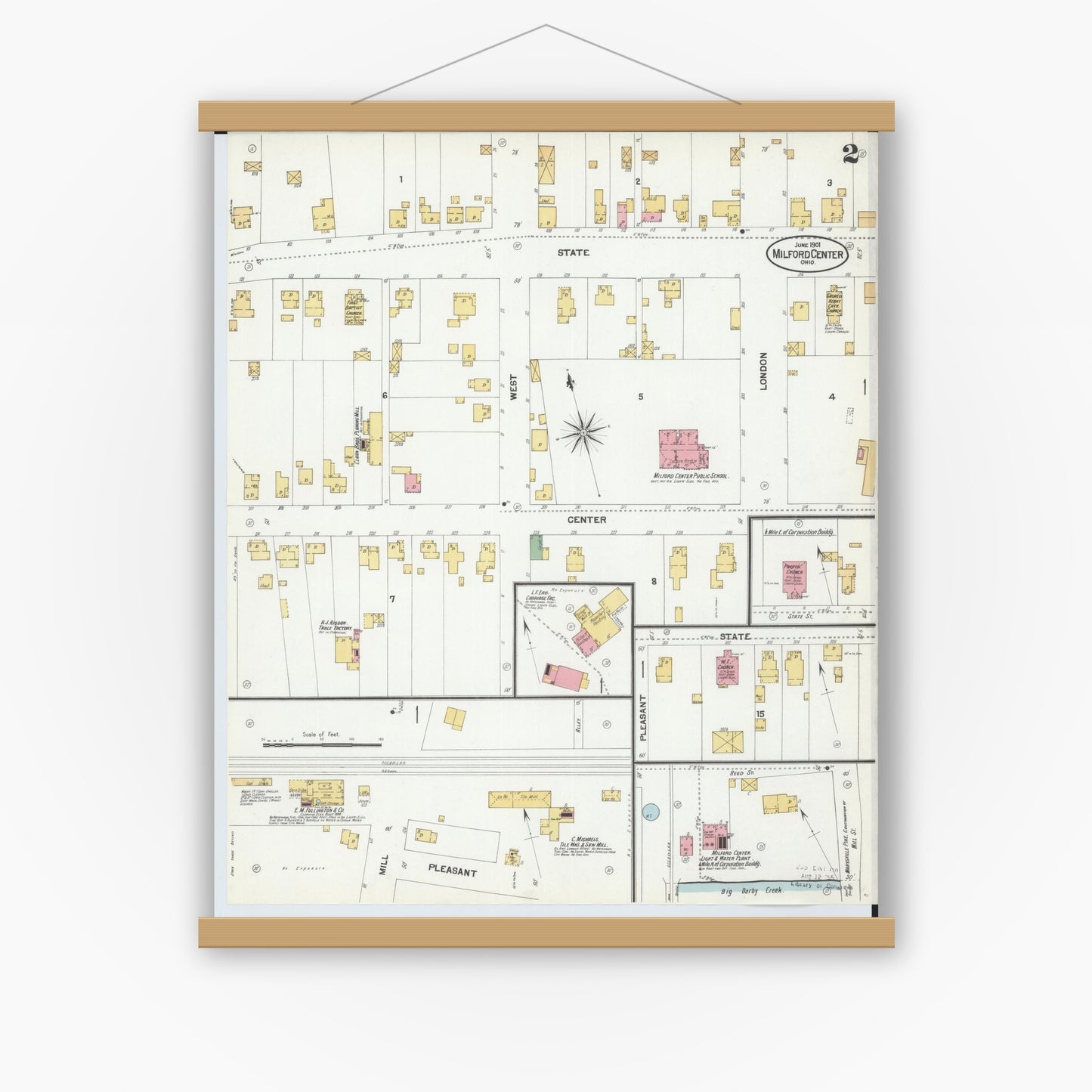 Old map wall art mockup — magnetic wood frame on white wall — Sanborn Fire Insurance Map from Milford Center, Union County, Ohio (1901), Sheet #0002