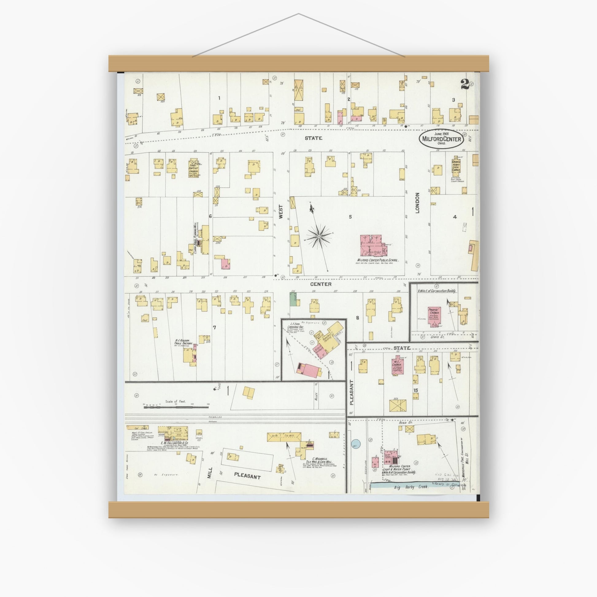 Old map wall art mockup — magnetic wood frame on white wall — Sanborn Fire Insurance Map from Milford Center, Union County, Ohio (1901), Sheet #0002