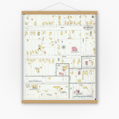 Old map wall art mockup — magnetic wood frame on white wall — Sanborn Fire Insurance Map from Milford Center, Union County, Ohio (1901), Sheet #0002