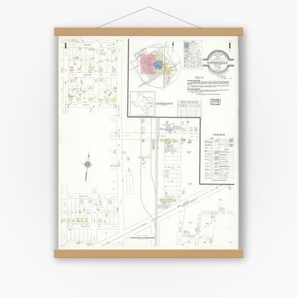 Old map wall art mockup — magnetic wood frame on white wall — Sanborn Fire Insurance Map from Normangee, Leon County, Texas (1937), Sheet #0001