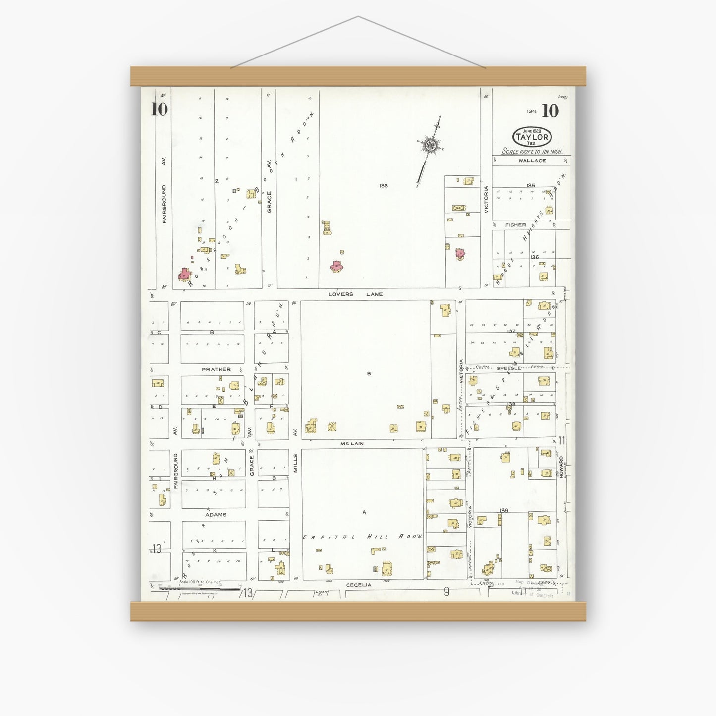 Old map wall art mockup — magnetic wood frame on white wall — Sanborn Fire Insurance Map from Taylor, Williamson County, Texas (1923), Sheet #0010