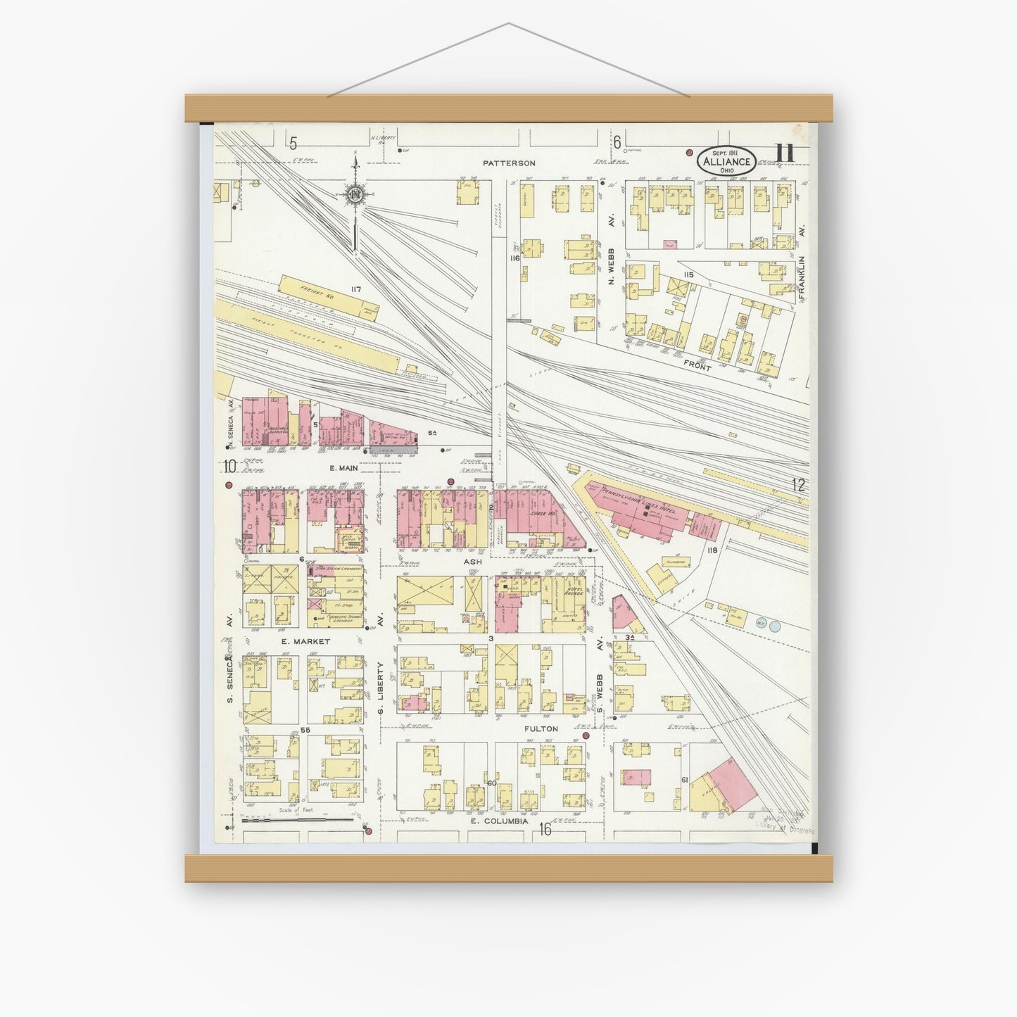 Old map wall art mockup — magnetic wood frame on white wall — Sanborn Fire Insurance Map from Alliance, Stark County, Ohio (1911), Sheet #0011