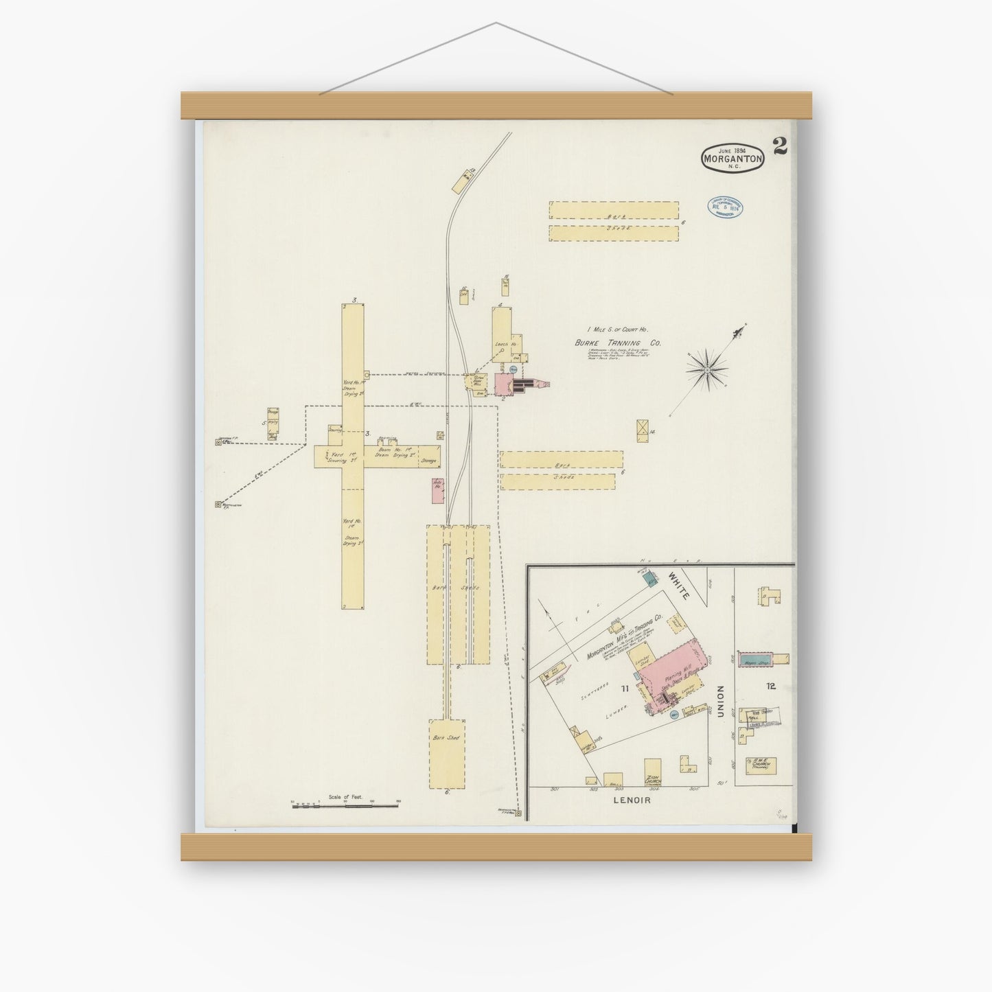 Old map wall art mockup — magnetic wood frame on white wall — Sanborn Fire Insurance Map from Morganton, Burke County, North Carolina (1894), Sheet #0002
