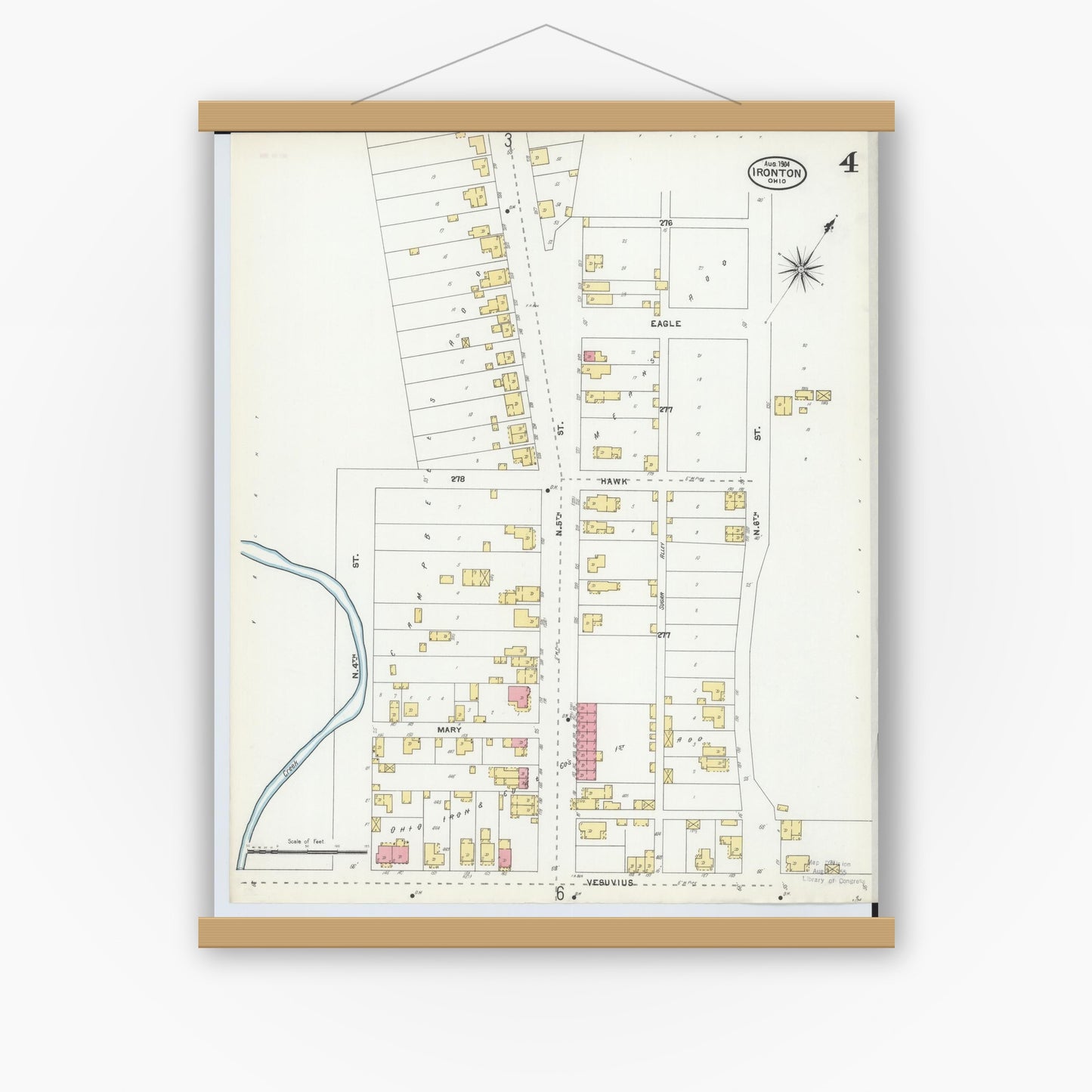 Old map wall art mockup — magnetic wood frame on white wall — Sanborn Fire Insurance Map from Ironton, Lawrence County, Ohio (1904), Sheet #0004