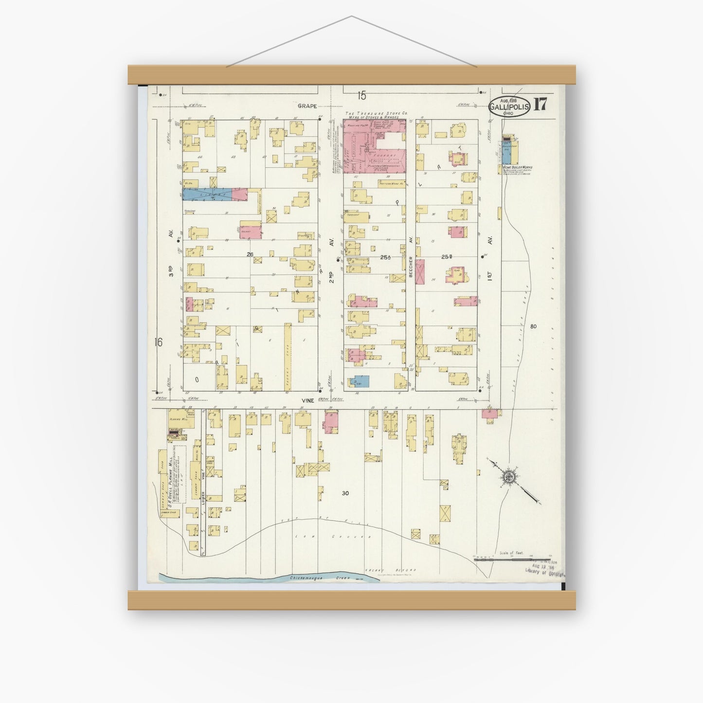 Old map wall art mockup — magnetic wood frame on white wall — Sanborn Fire Insurance Map from Gallipolis, Gallia County, Ohio (1916), Sheet #0017