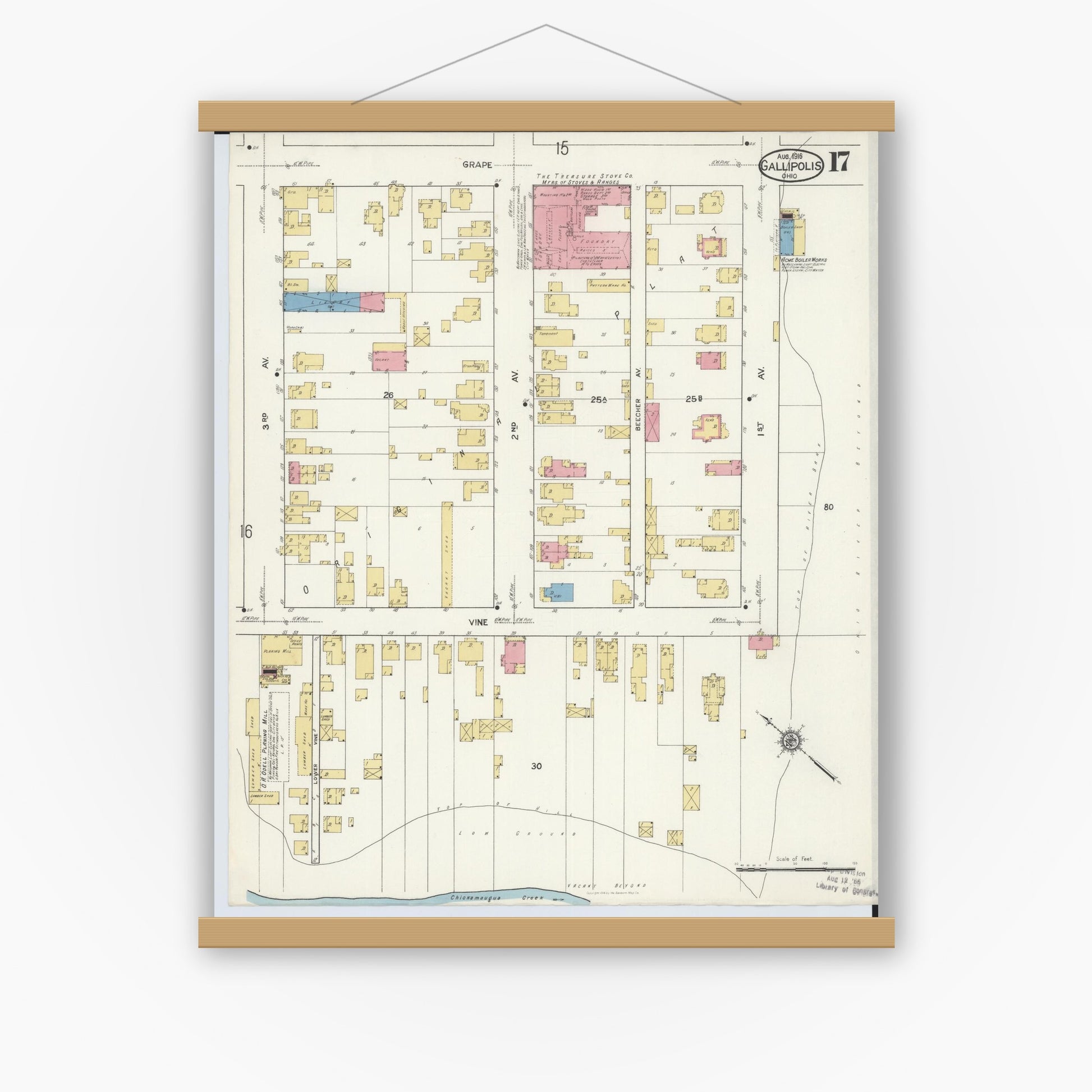Old map wall art mockup — magnetic wood frame on white wall — Sanborn Fire Insurance Map from Gallipolis, Gallia County, Ohio (1916), Sheet #0017