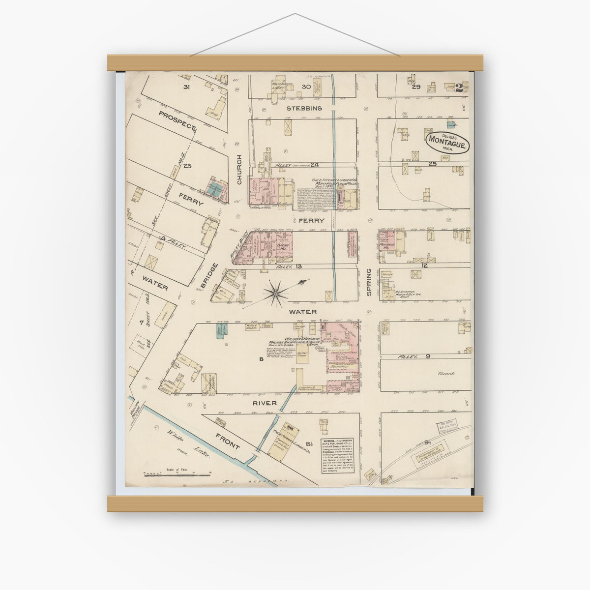 Old map wall art mockup — magnetic wood frame on white wall — Sanborn Fire Insurance Map from Montague, Muskegon County, Michigan (1883), Sheet #0002
