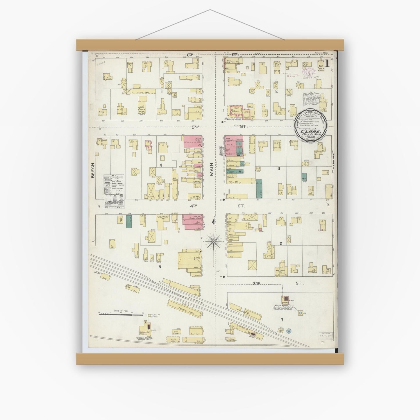 Old map wall art mockup — magnetic wood frame on white wall — Sanborn Fire Insurance Map from Clare, Clare County, Michigan (1893), Sheet #0001