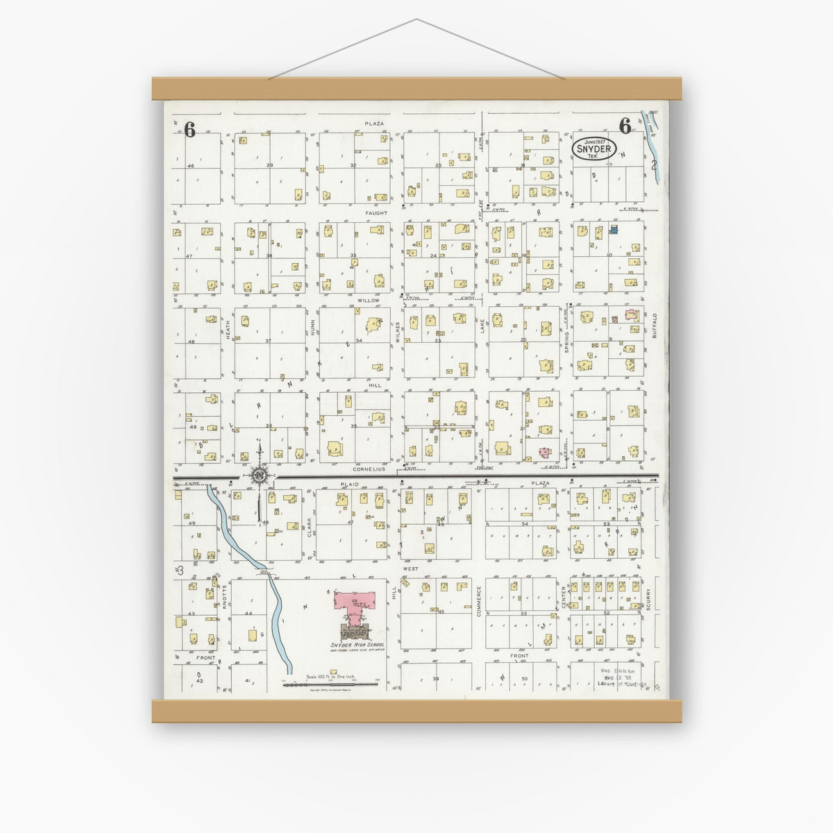 Old map wall art mockup — magnetic wood frame on white wall — Sanborn Fire Insurance Map from Snyder, Scurry County, Texas (1927), Sheet #0006