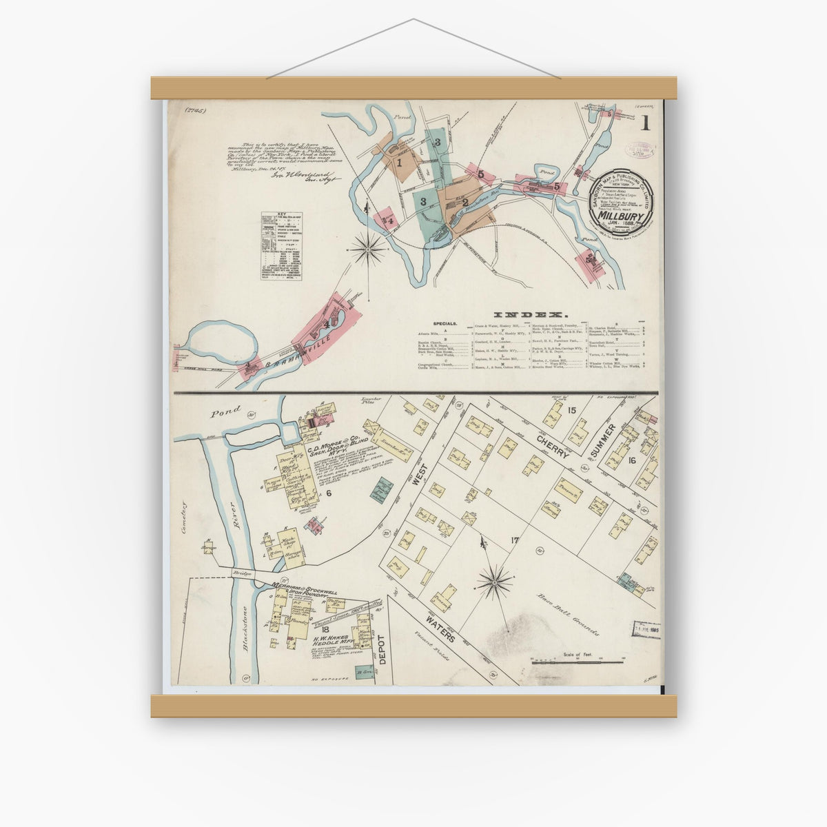 Old map wall art mockup — magnetic wood frame on white wall — Sanborn Fire Insurance Map from Millbury, Worcester County, Massachusetts (1888) - Complete Map Set