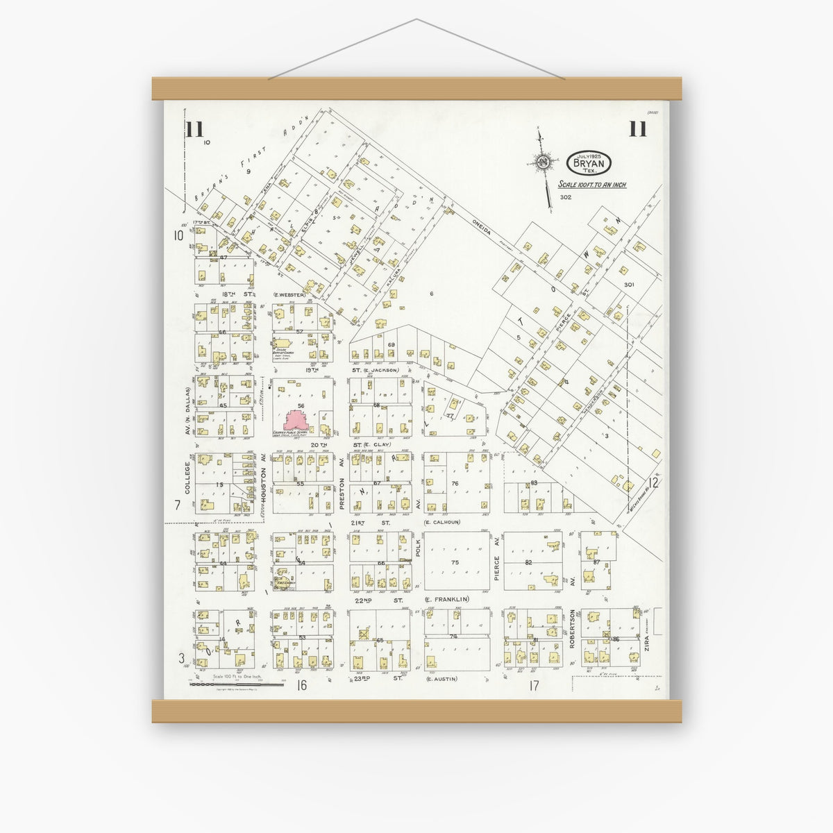 Old map wall art mockup — magnetic wood frame on white wall — Sanborn Fire Insurance Map from Bryan, Brazos County, Texas (1925), Sheet #0011