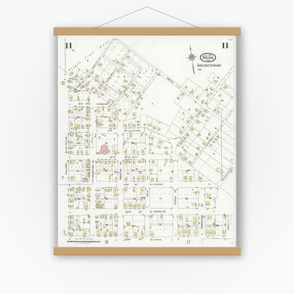Old map wall art mockup — magnetic wood frame on white wall — Sanborn Fire Insurance Map from Bryan, Brazos County, Texas (1925), Sheet #0011