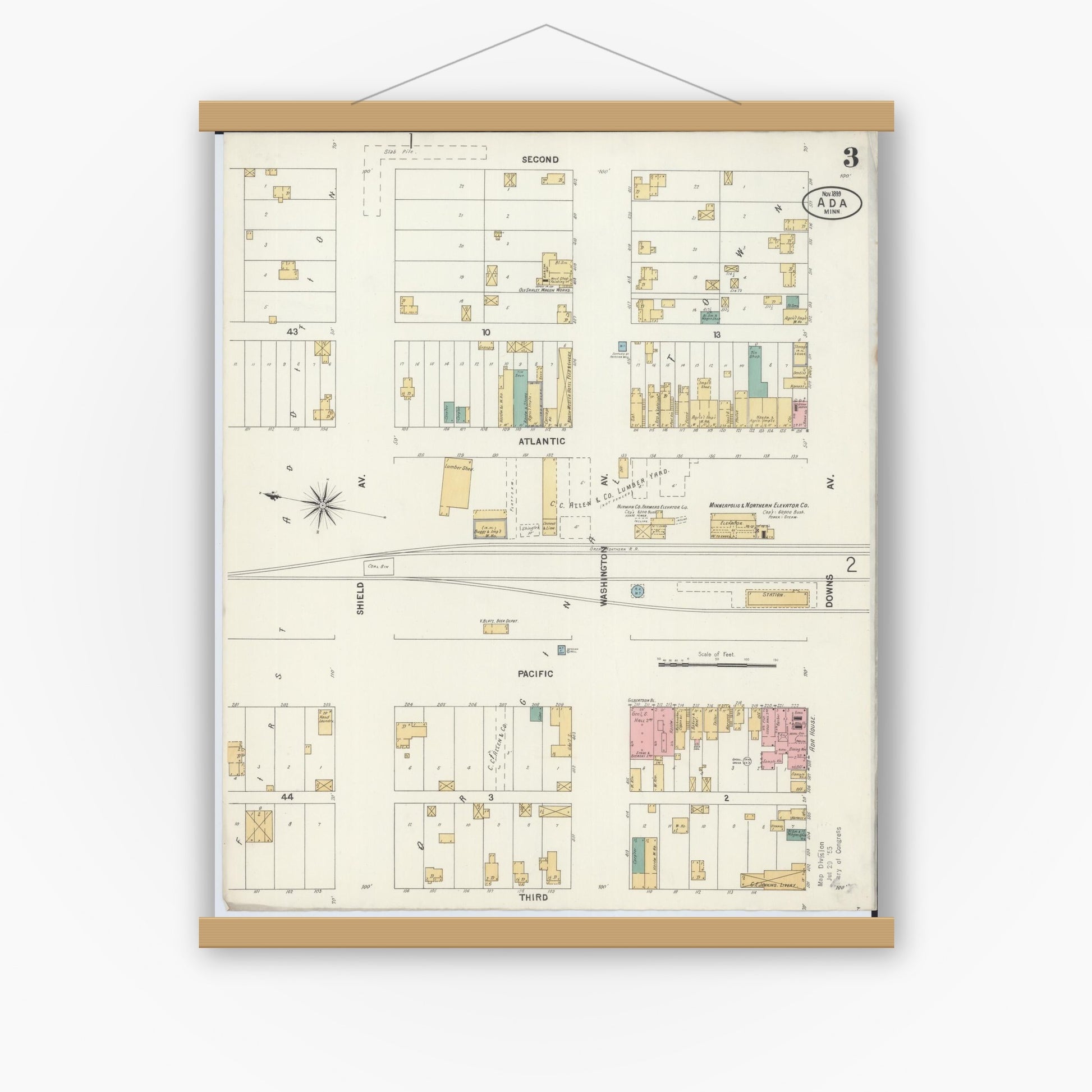 Old map wall art mockup — magnetic wood frame on white wall — Sanborn Fire Insurance Map from Ada, Norman County, Minnesota (1899), Sheet #0003
