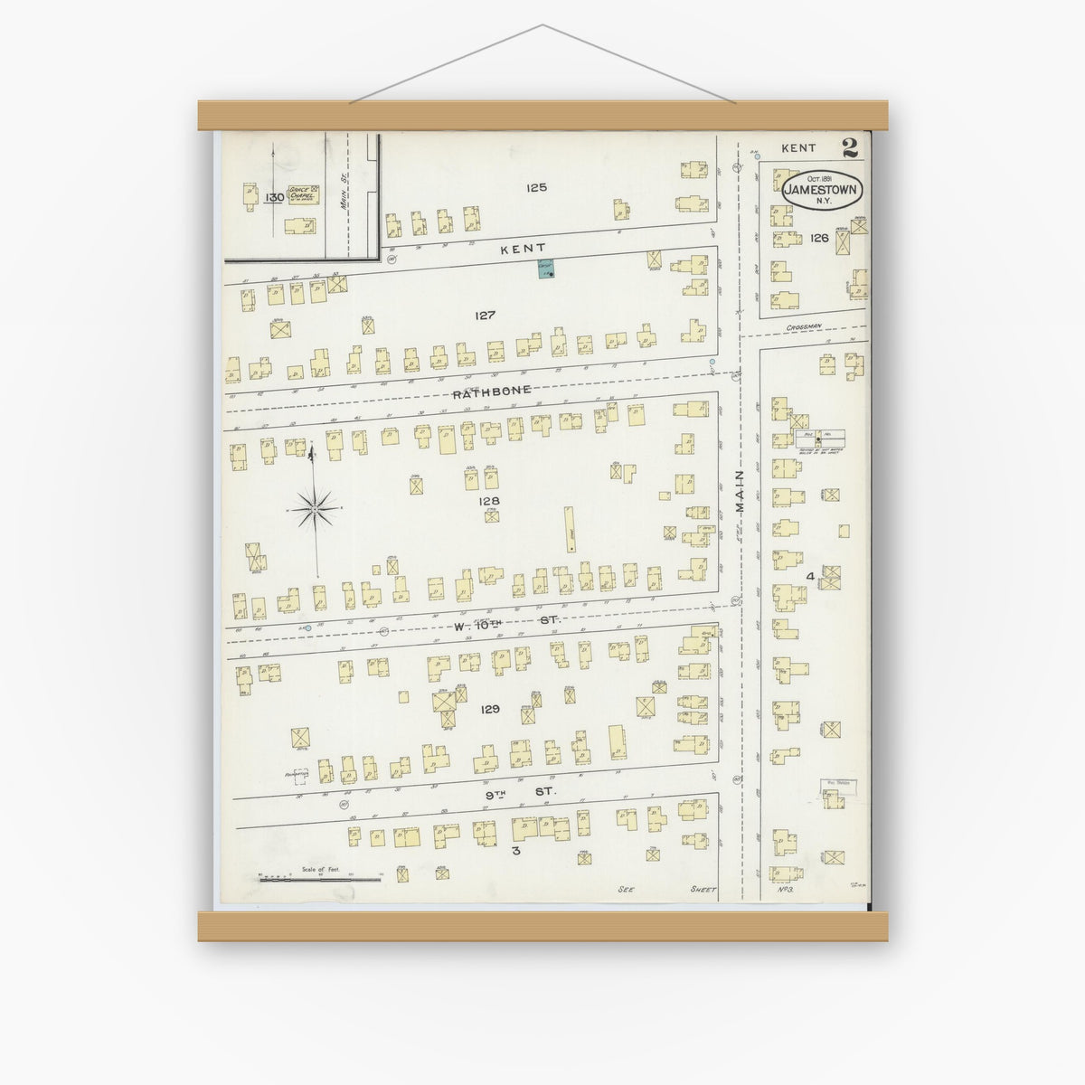 Old map wall art mockup — magnetic wood frame on white wall — Sanborn Fire Insurance Map from Jamestown, Chautauqua County, New York (1891), Sheet #0002