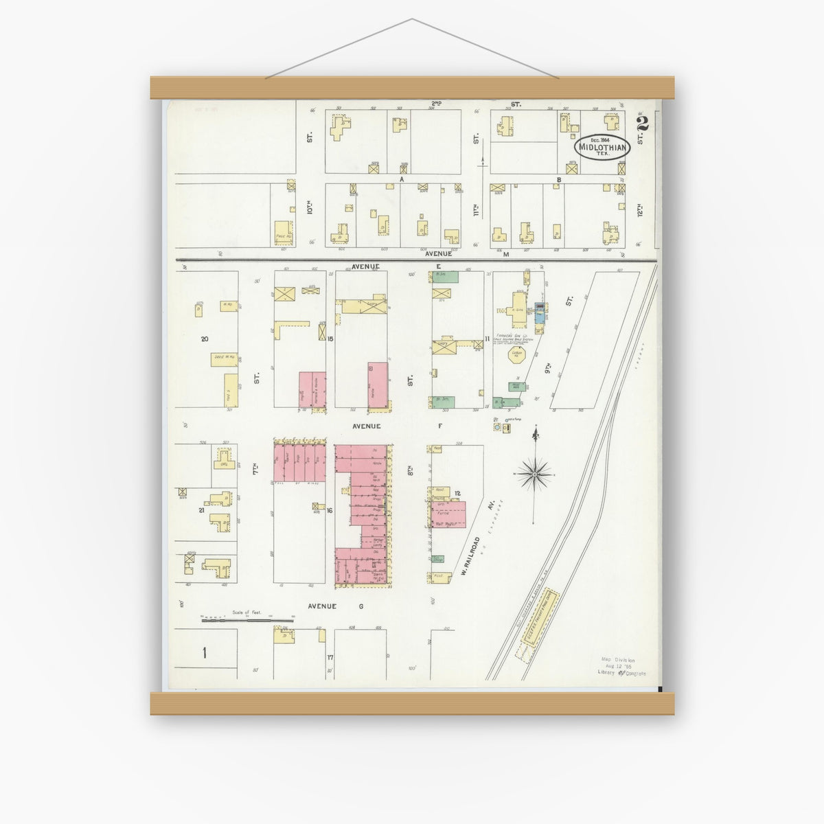 Old map wall art mockup — magnetic wood frame on white wall — Sanborn Fire Insurance Map from Midlothian, Ellis County, Texas (1904), Sheet #0002