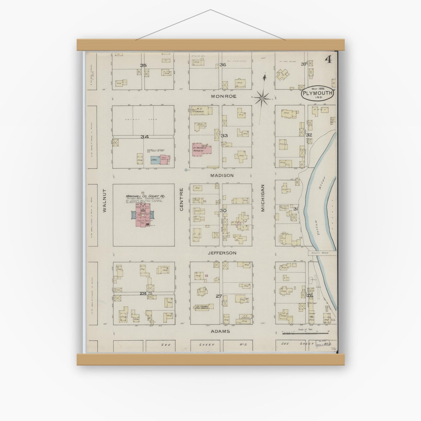 Old map wall art mockup — magnetic wood frame on white wall — Sanborn Fire Insurance Map from Plymouth, Marhshall County, Indiana (1886), Sheet #0004