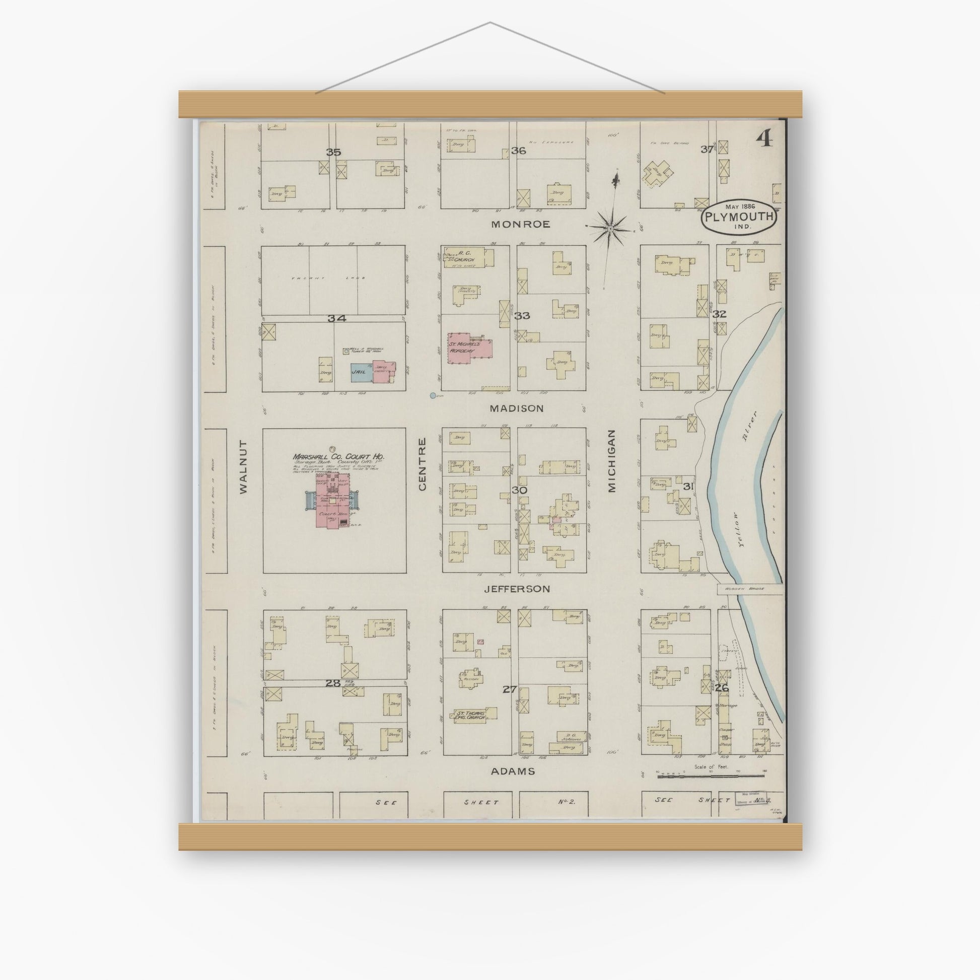 Old map wall art mockup — magnetic wood frame on white wall — Sanborn Fire Insurance Map from Plymouth, Marhshall County, Indiana (1886), Sheet #0004