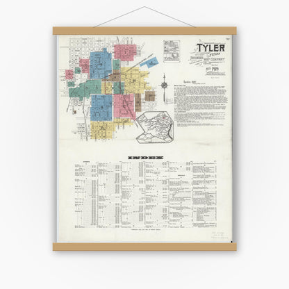 Old map wall art mockup — magnetic wood frame on white wall — Sanborn Fire Insurance Map from Tyler, Smith County, Texas (1919), Sheet #0001