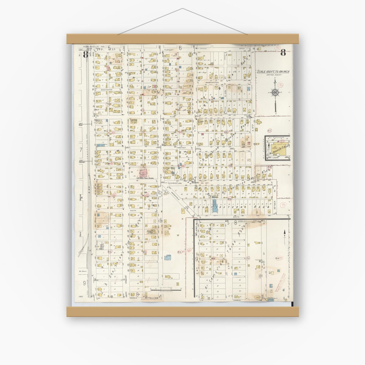 Old map wall art mockup — magnetic wood frame on white wall — Sanborn Fire Insurance Map from Noblesville, Hamilton County, Indiana (1947), Sheet #0008