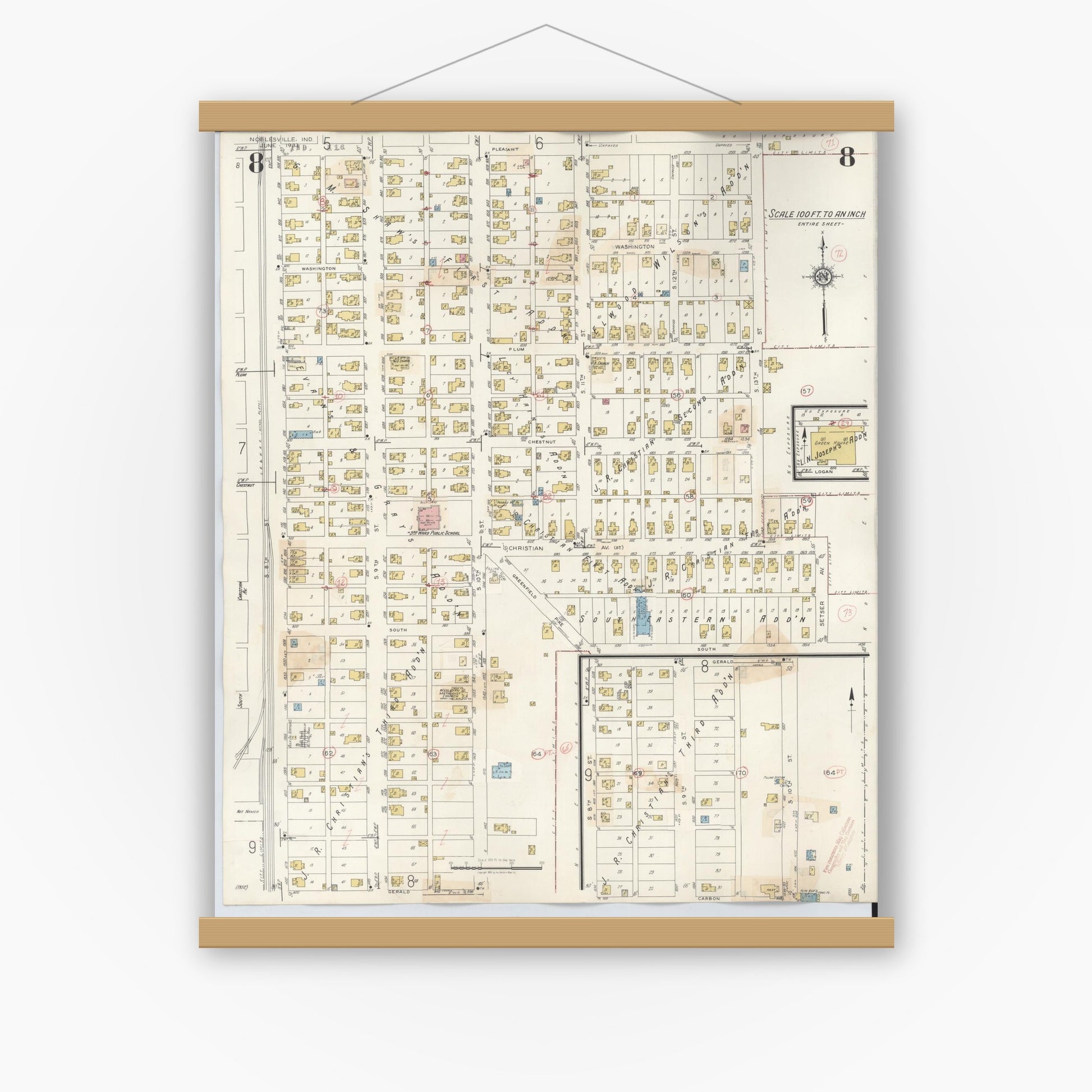 Old map wall art mockup — magnetic wood frame on white wall — Sanborn Fire Insurance Map from Noblesville, Hamilton County, Indiana (1947), Sheet #0008