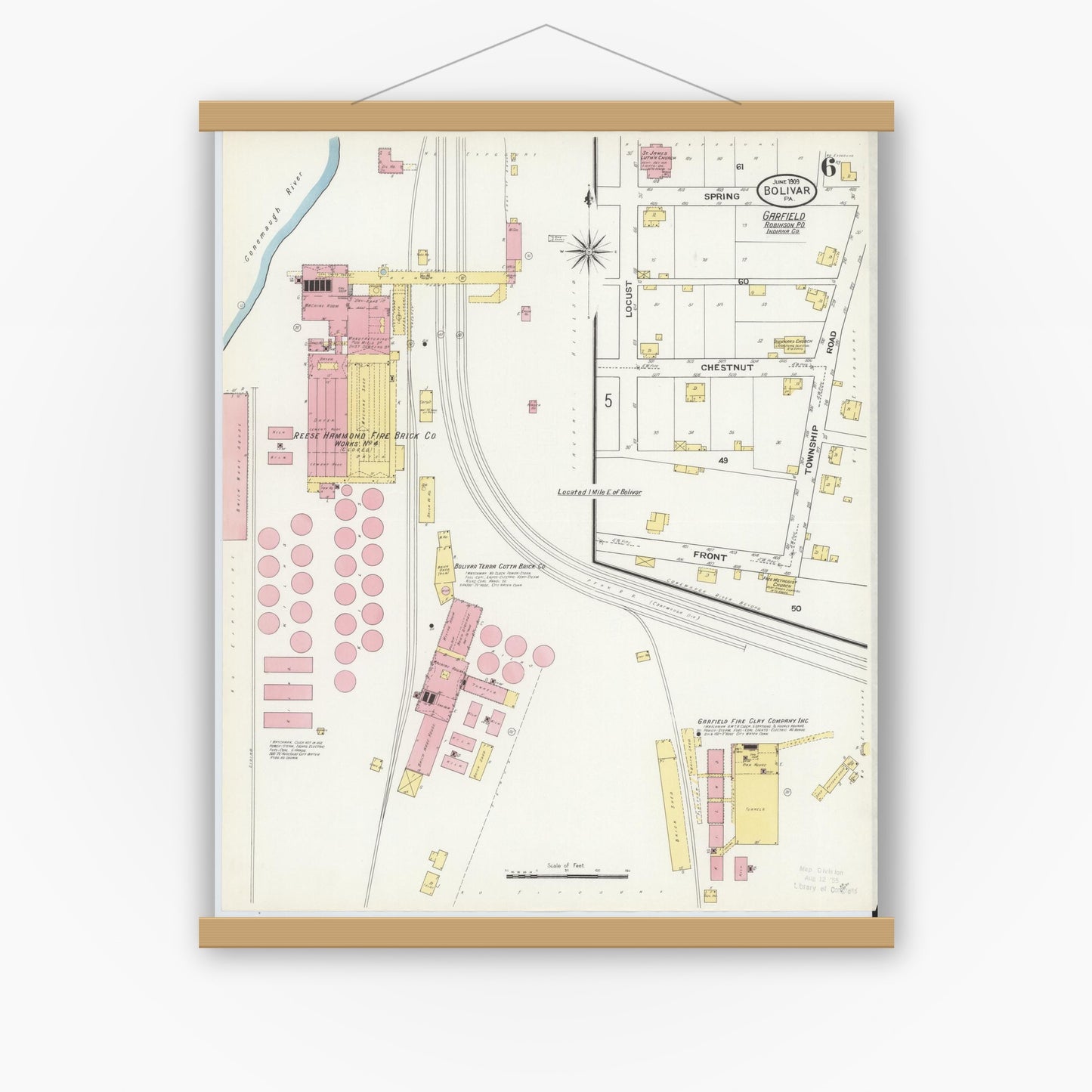 Old map wall art mockup — magnetic wood frame on white wall — Sanborn Fire Insurance Map from Bolivar, Westmoreland County, Pennsylvania (1909), Sheet #0006