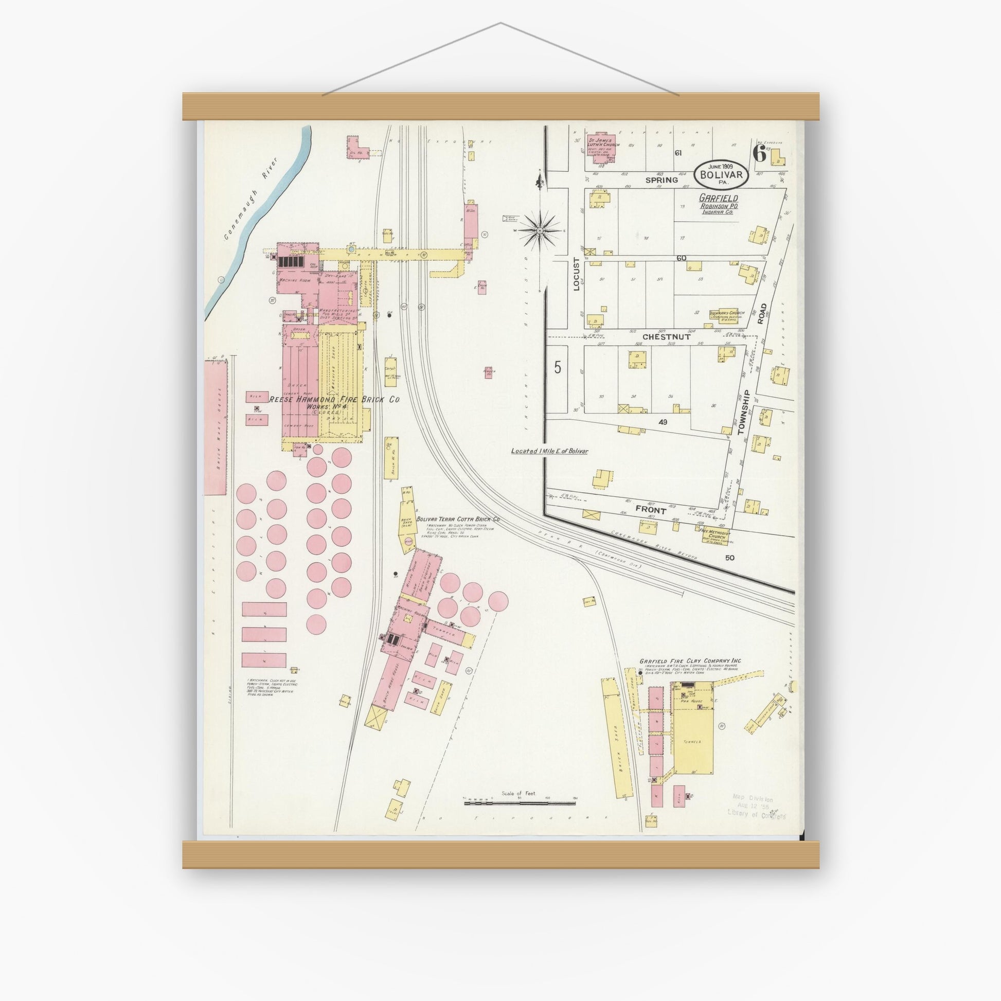 Old map wall art mockup — magnetic wood frame on white wall — Sanborn Fire Insurance Map from Bolivar, Westmoreland County, Pennsylvania (1909), Sheet #0006